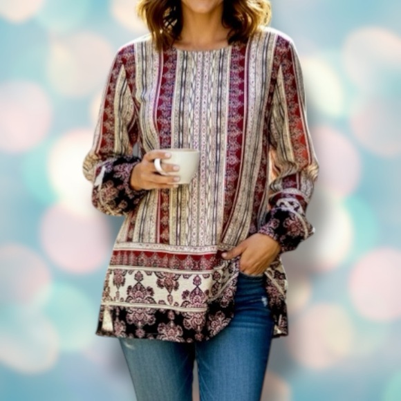 J. Jill Tops - J.Jill Women’s Red Cream Boho Long Sleeve Pattern Shirt Blouse Top Size M